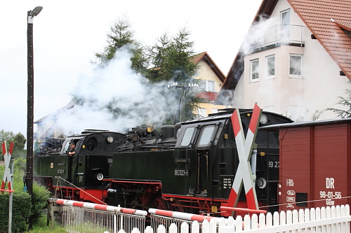 Abfahrt nach Bad Doberan: Der Güterzug verläßt Kühlungsborn-Ost.