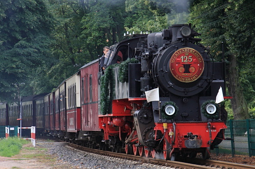 Neben dem Kesselschild waren die Bäderbahn-Lokomotiven an den Festtagen auch mit MOLLI-Fahnen und Girlanden geschmückt. Hier ist ein planmäßiger, auf Maximallänge verstärkter Zug in Kühlungsborn unterwegs.