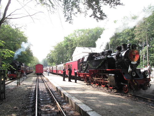 Hochbetrieb auf dem Bahnhof Heiligendamm. Links im Bild wartet 99 324 mit dem „hundertjährigen Zug“ auf dem Stumpfgleis, während auf den beiden übrigen Gleisen die beiden Personenzüge planmäßig kreuzen. Aufnahme vom 5. August 2011.